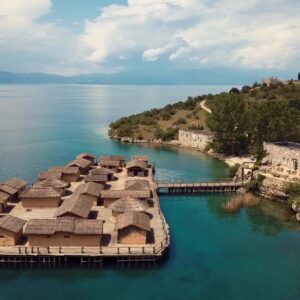 aerial-footage-of-the-open-museum-on-water-bay-of-bones-on-the-ohrid-lake-northern-macedonia-free-video